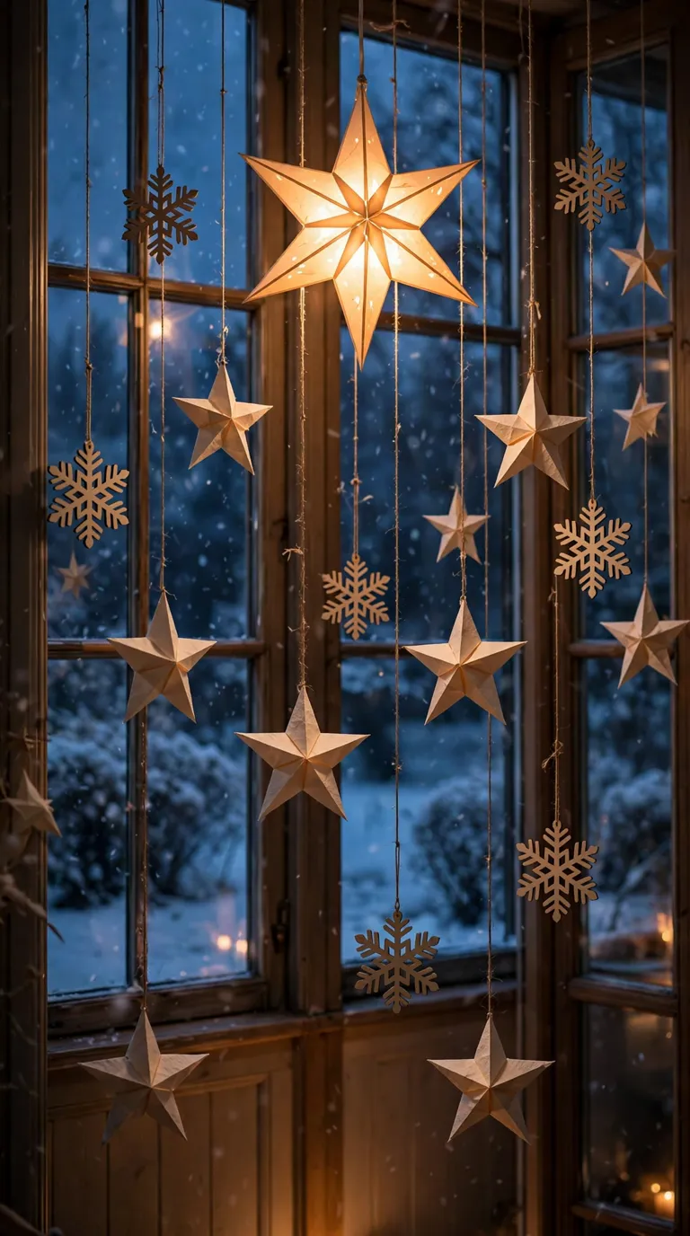 Paper stars and snowflakes hanging in an entryway window at Christmas