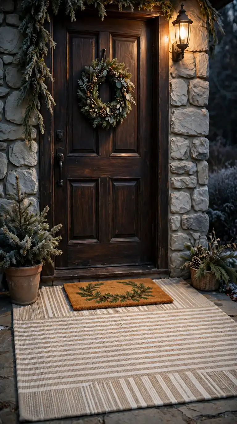 Layered Christmas doormats with a patterned rug and festive coir mat at the front door
