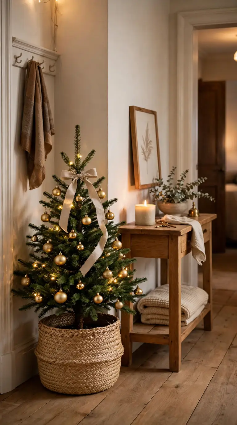 Small decorated Christmas tree in a woven basket in a hallway corner