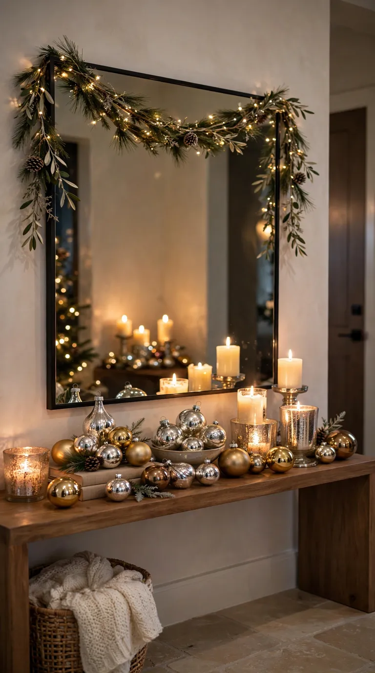 Mirrored console table with Christmas candles and baubles reflecting light