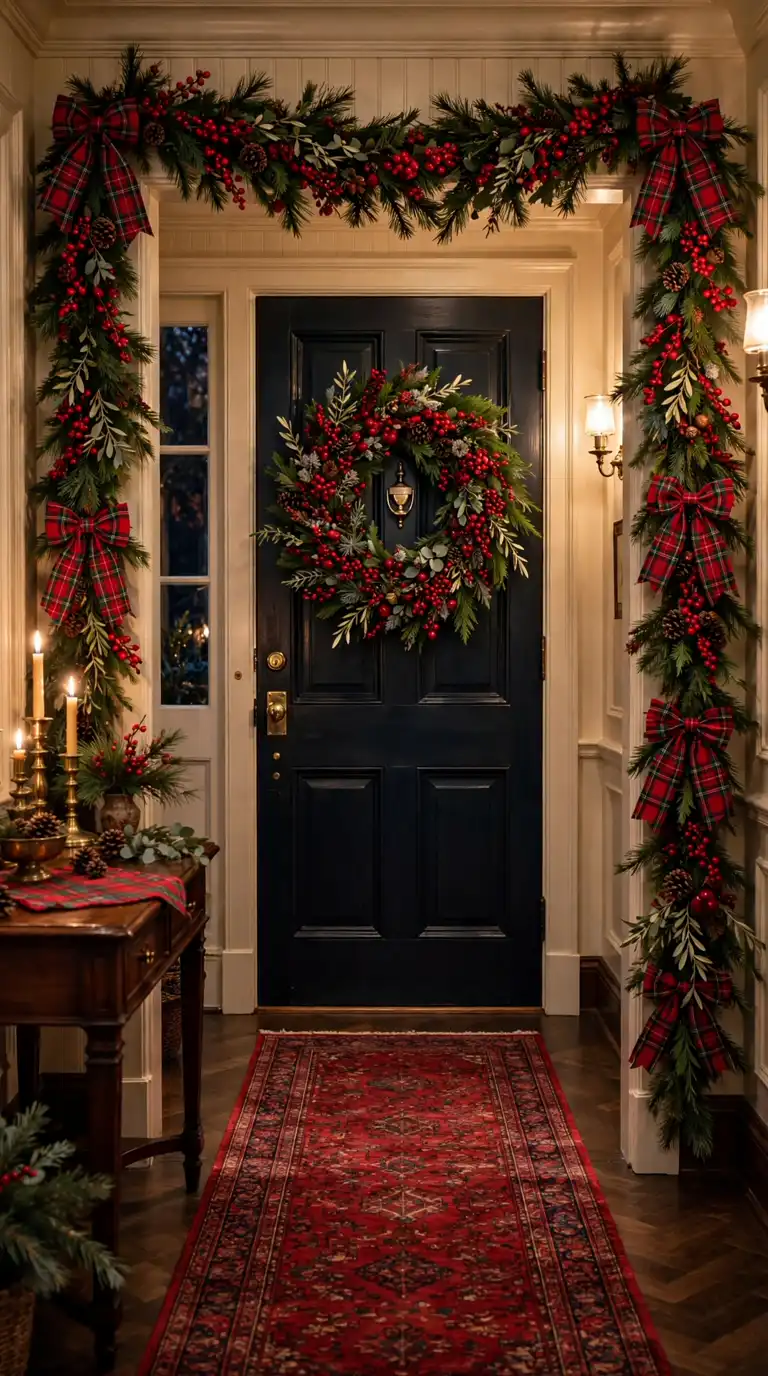 Traditional Christmas entryway with red berries and tartan ribbon accents