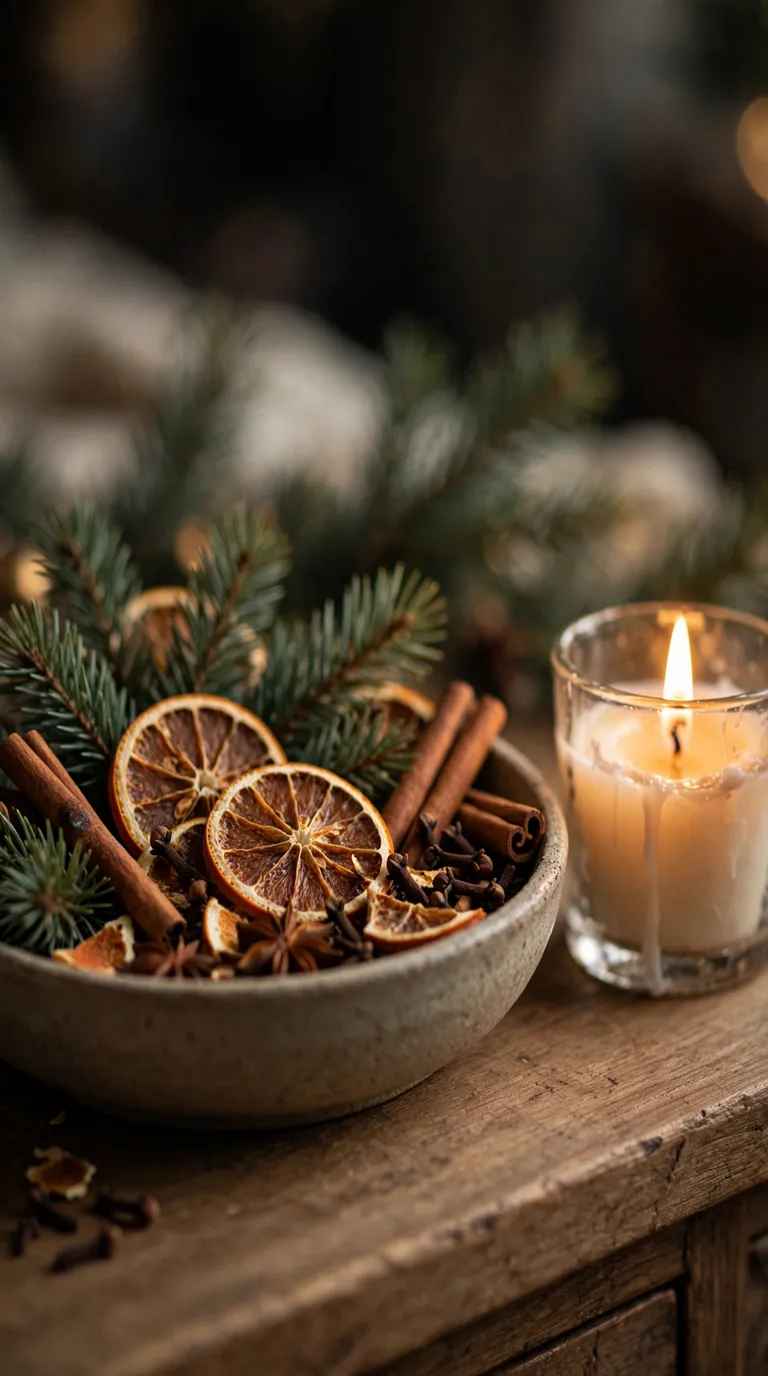 Scented Christmas display with pine sprigs, cinnamon sticks and dried oranges