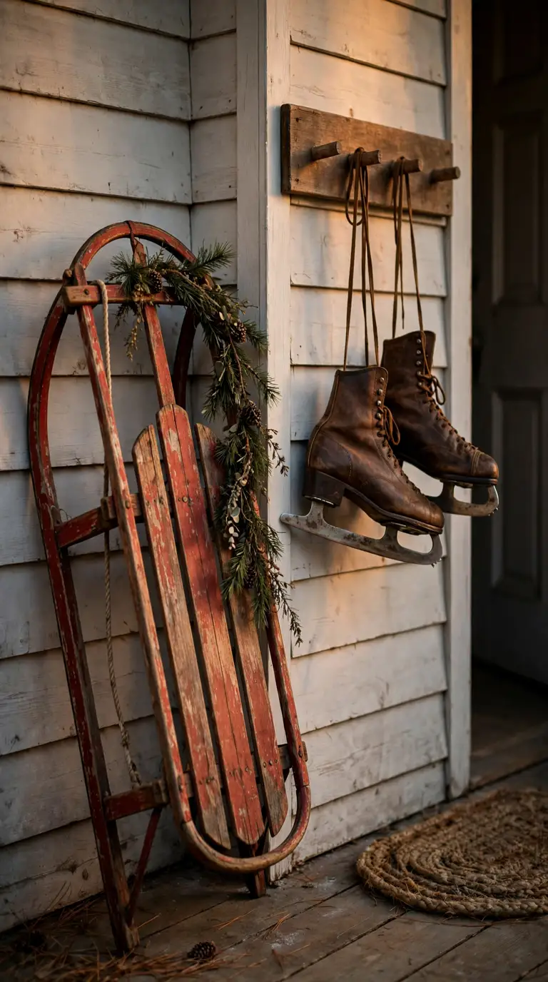 Vintage wooden sled and ice skates hung as Christmas wall decor