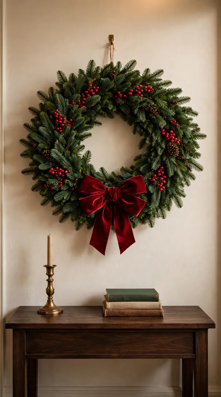 Large Christmas wreath with red berries hanging above a wooden console table