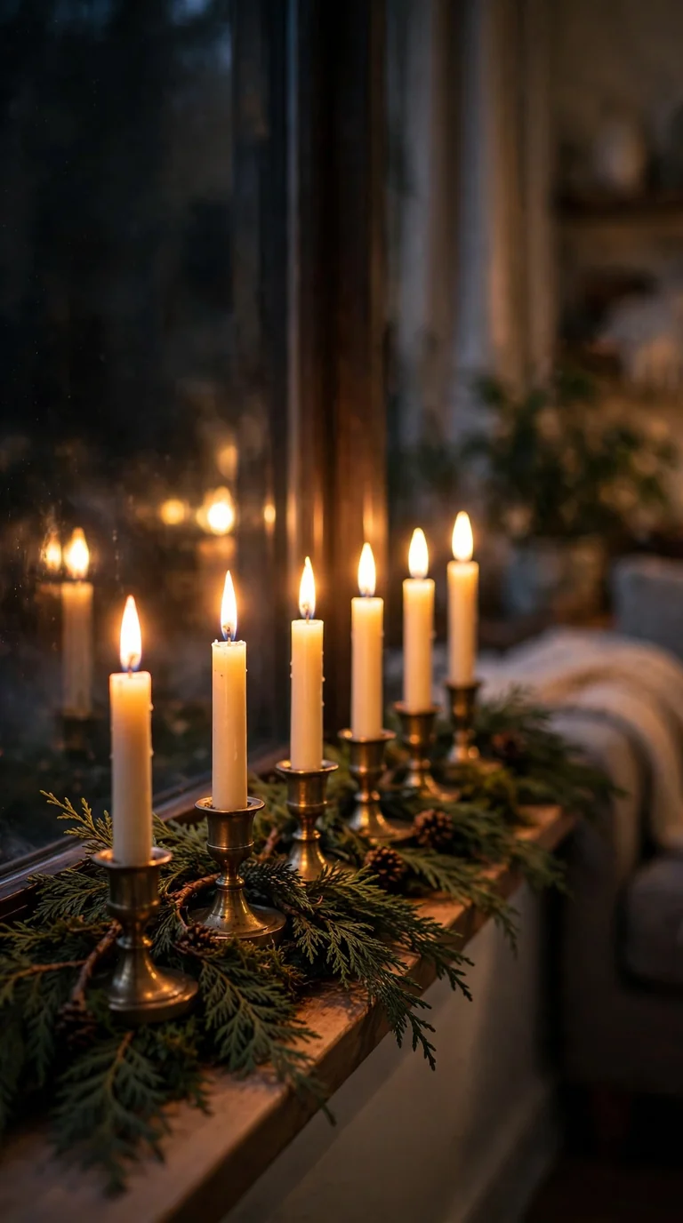 Battery taper candles in brass holders glowing on a Christmas window sill at dusk