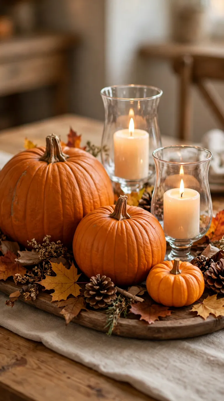 Classic pumpkin and candle harvest Thanksgiving centerpiece on a dining table