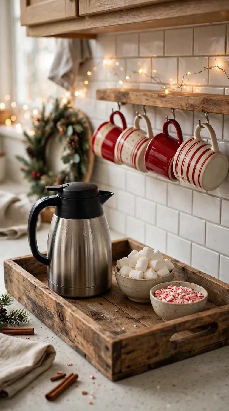 15 Christmas Hot Cocoa Bar Ideas for Cosy Gatherings Everyday countertop Christmas cocoa station with wooden tray, thermal carafe and festive mugs