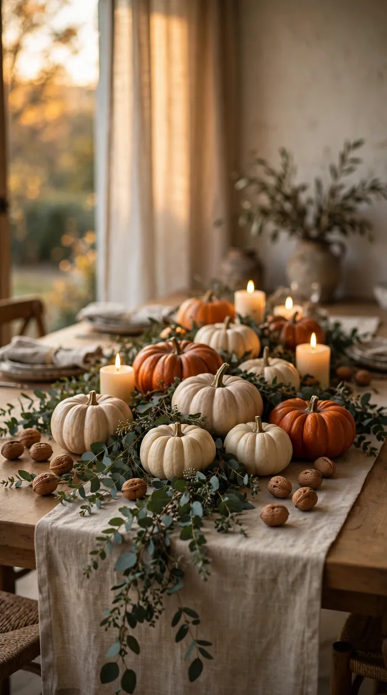 Thanksgiving table decor with a harvest runner of heirloom pumpkins, eucalyptus garland and lit pillar candles