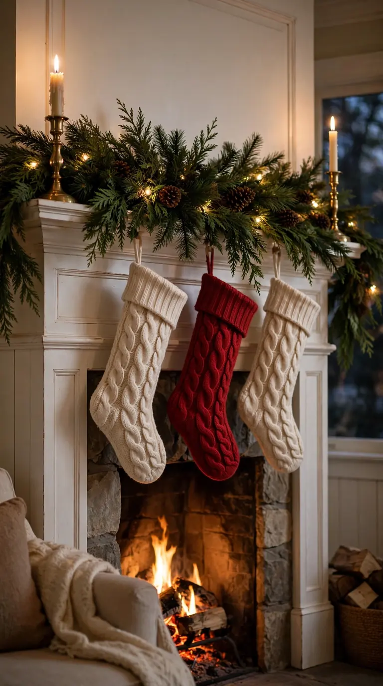 Classic christmas fireplace decor with lush evergreen garland and knit stockings