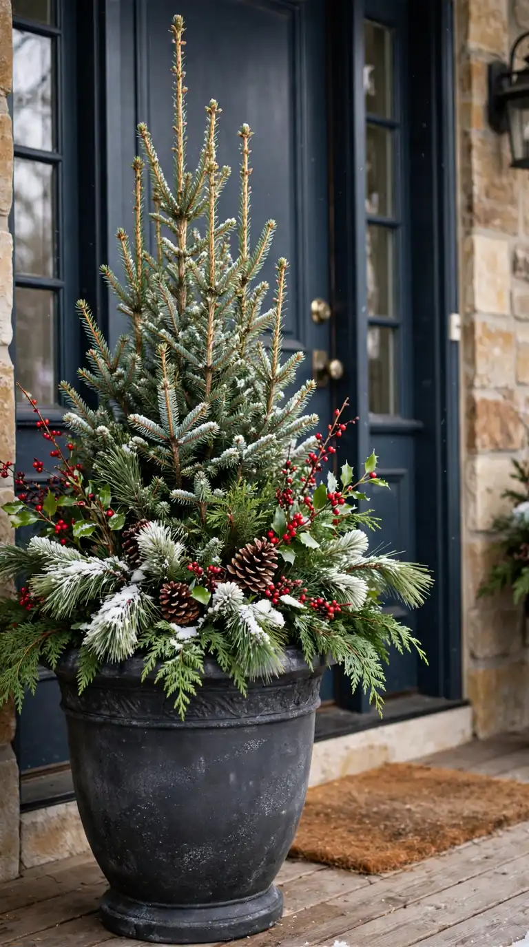 Tall spruce tip evergreen planter with pine boughs and pinecones in a frost-proof urn by a front door