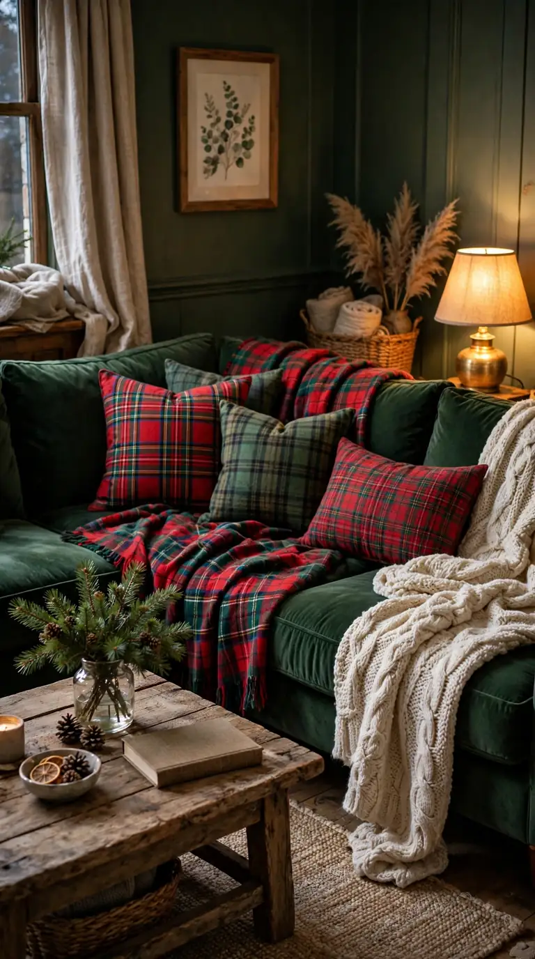 Deep green sofa layered with red and green tartan throw blankets and plaid cushions