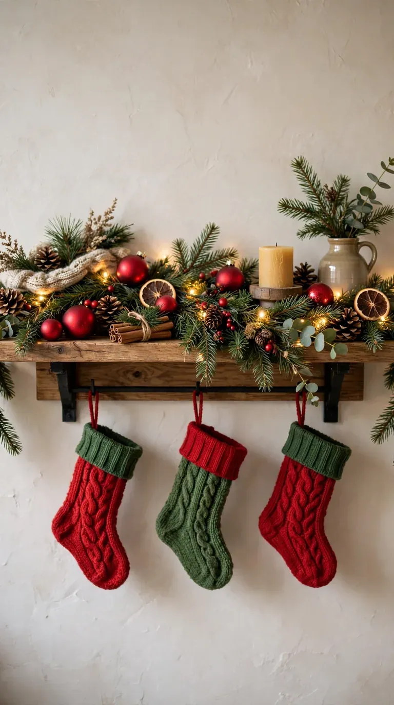 Traditional red and green Christmas shelf decor with pine garland, red baubles and small stockings