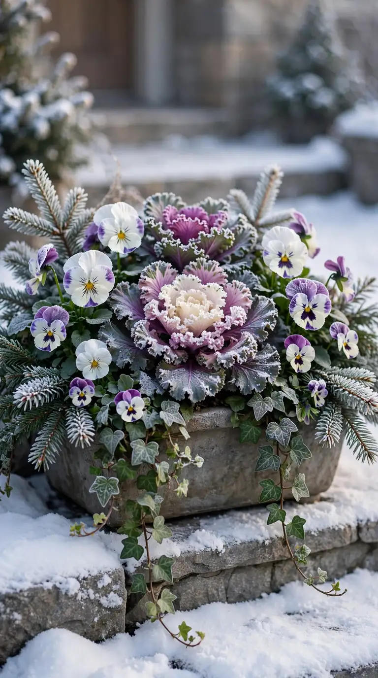 Winter Christmas planter with ornamental kale, white and purple pansies, ivy and frost on snowy steps