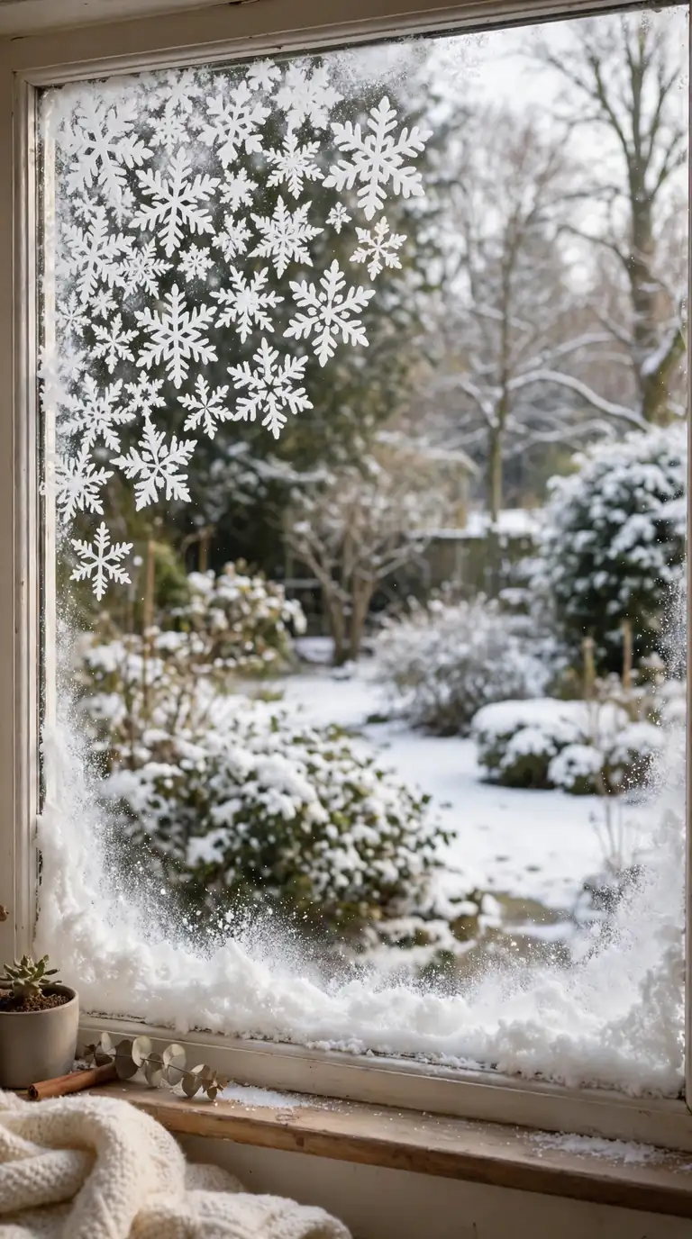 White stenciled snowflakes in faux snow spray decorating a window glass in daylight
