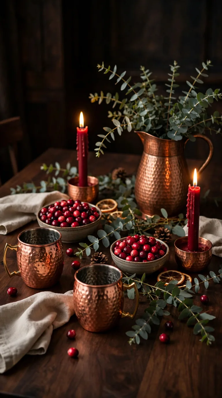 Copper and cranberry Thanksgiving tablescape with hammered copper mugs and fresh cranberries