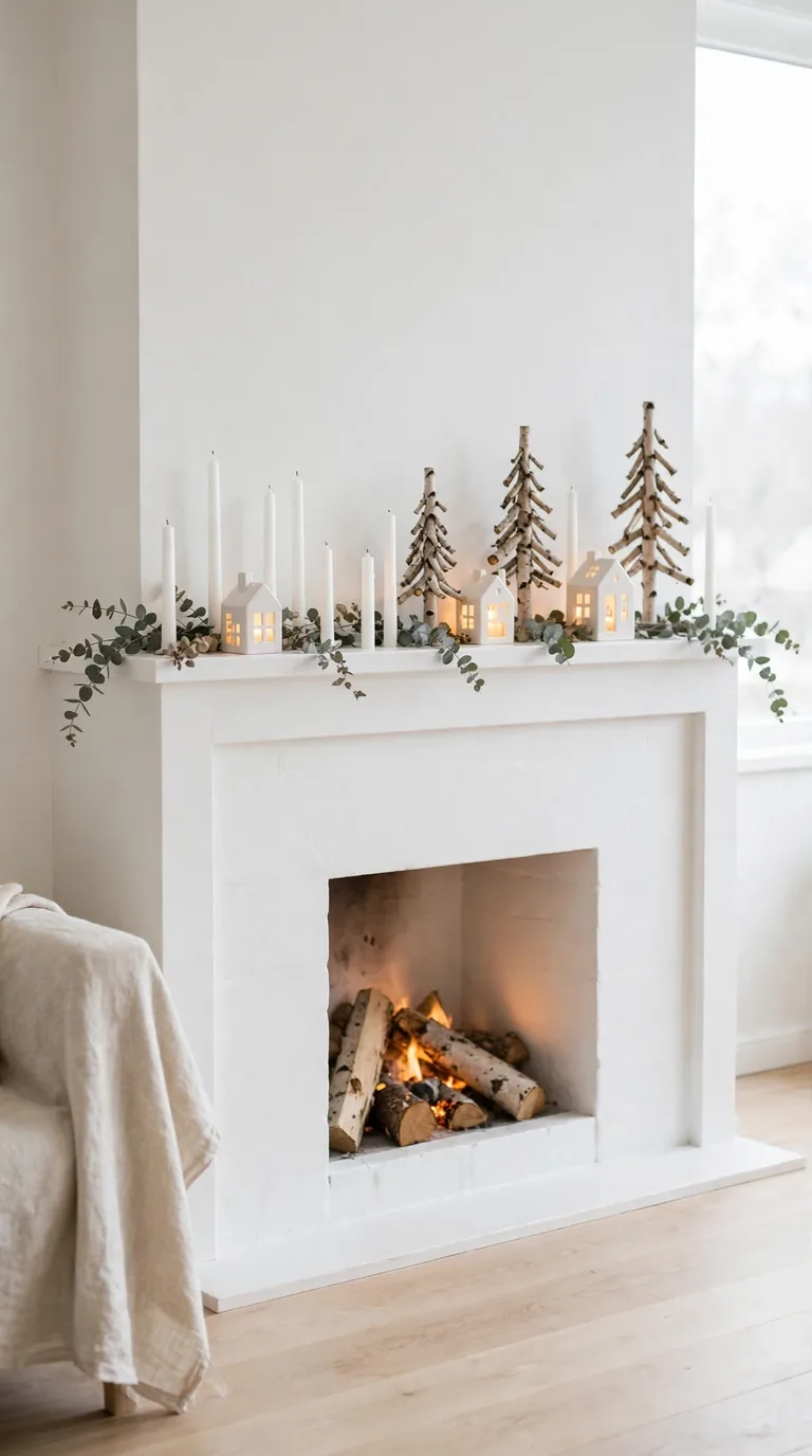Decorated fireplace christmas hearth with lanterns and birch logs
