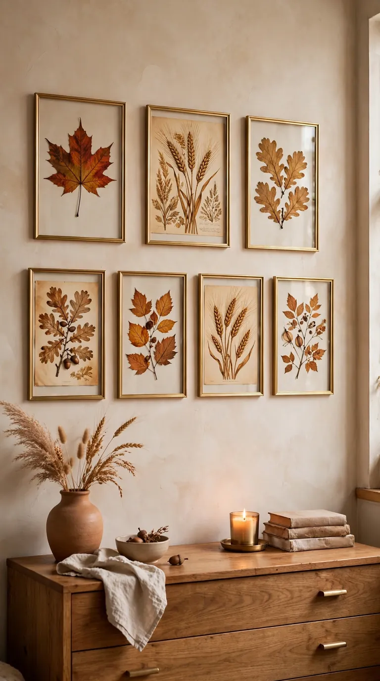 Gallery wall of framed pressed autumn leaves and botanical prints above a dresser