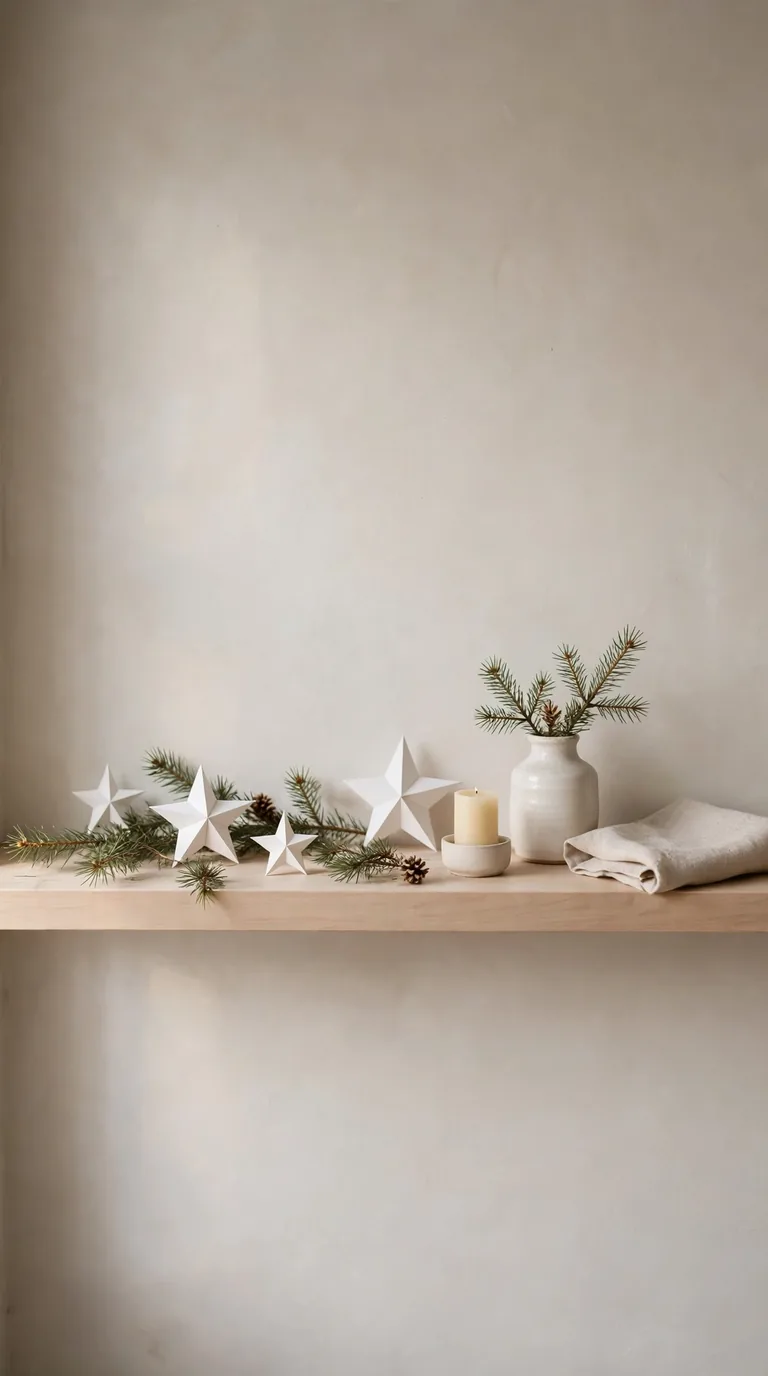 Minimalist Scandinavian Christmas shelf with light wood, white stars, small pine sprigs and neutral tones