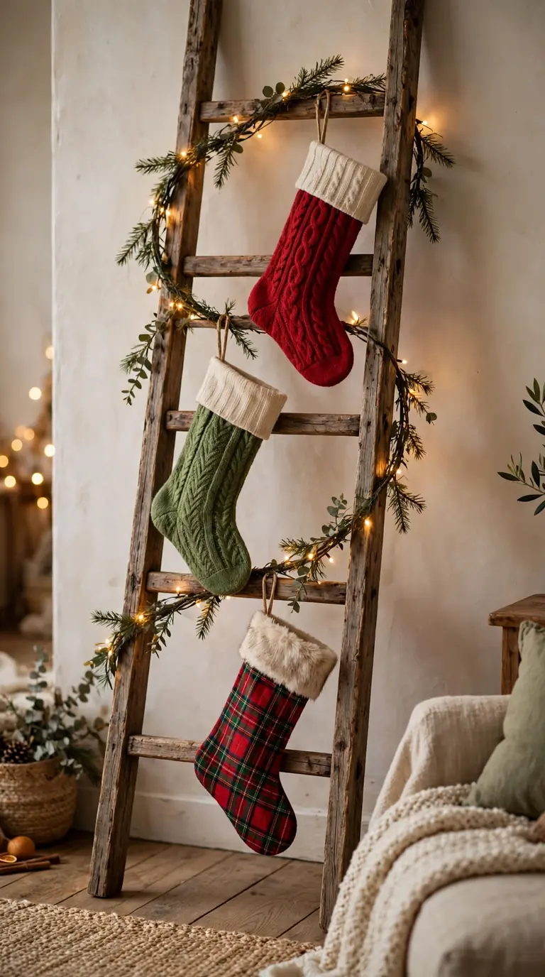 Christmas stockings hanging from a rustic wooden ladder decorated with garland and fairy lights