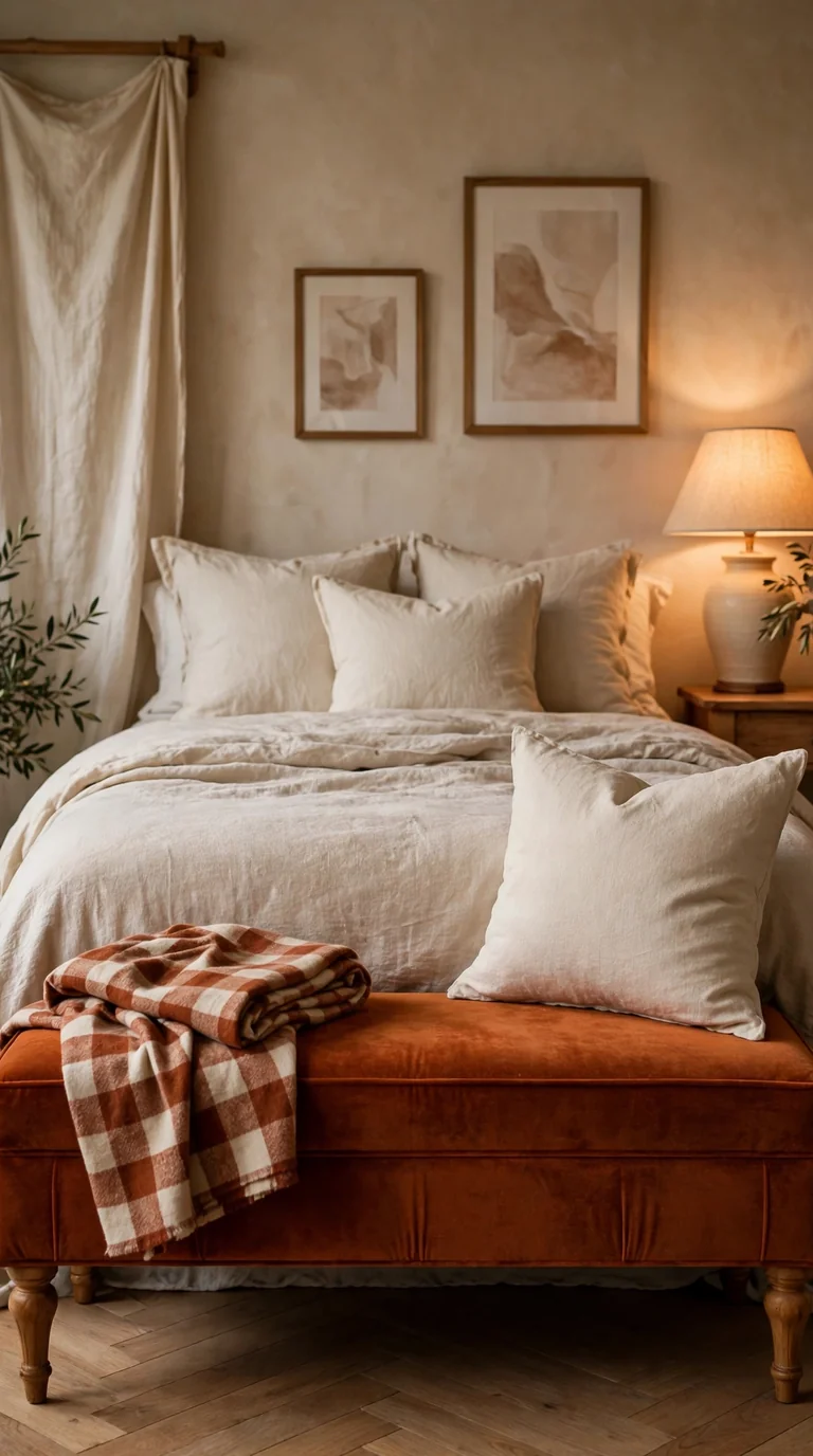 Burnt orange velvet bench at the foot of a bed with a folded plaid throw