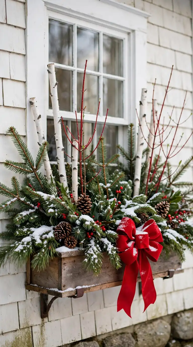 Exterior window box planted with evergreen boughs, pinecones and red bows dusted with snow