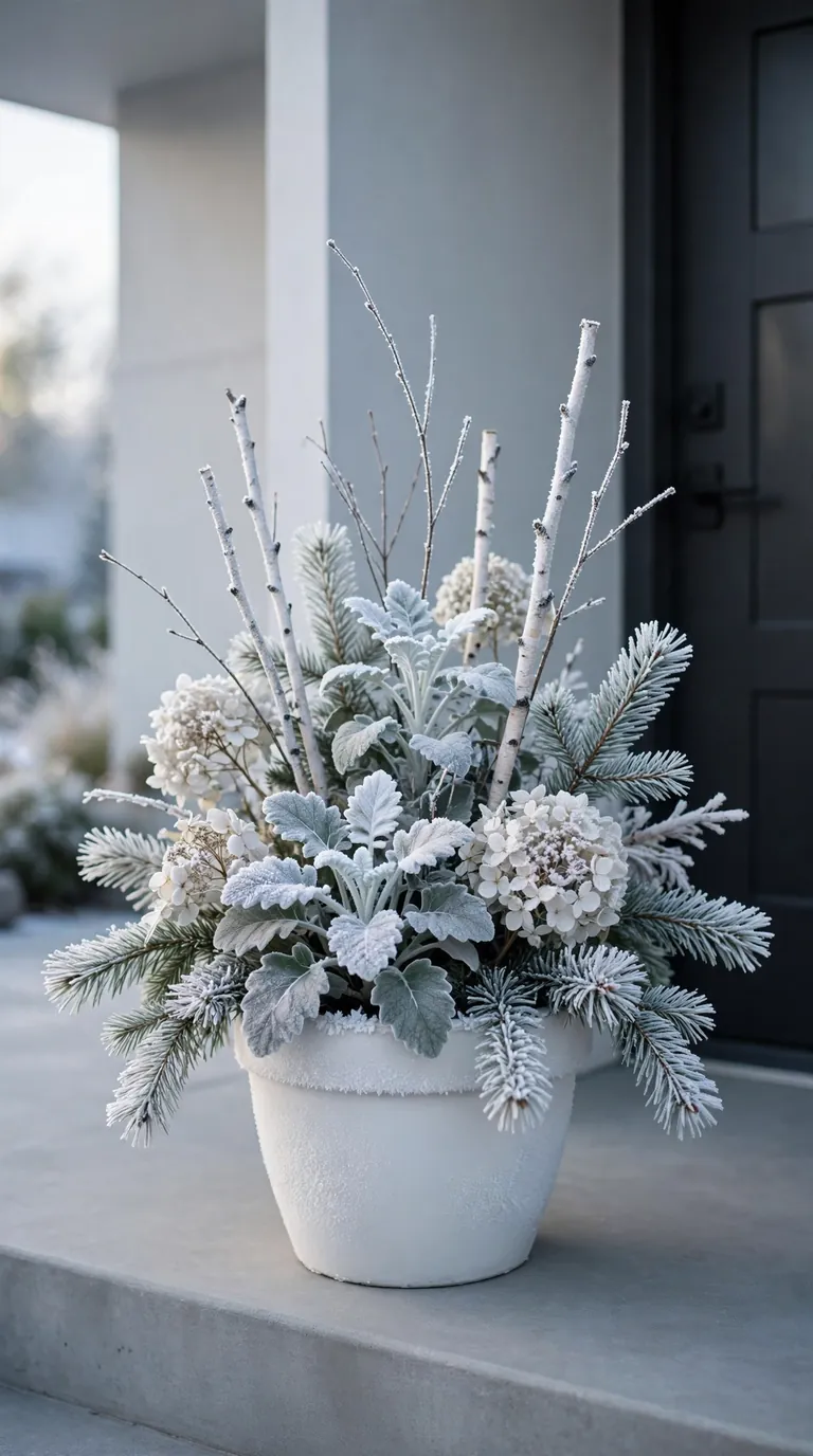 Frosted winter planter with silvery dusty miller, white birch twigs, and pale evergreen boughs