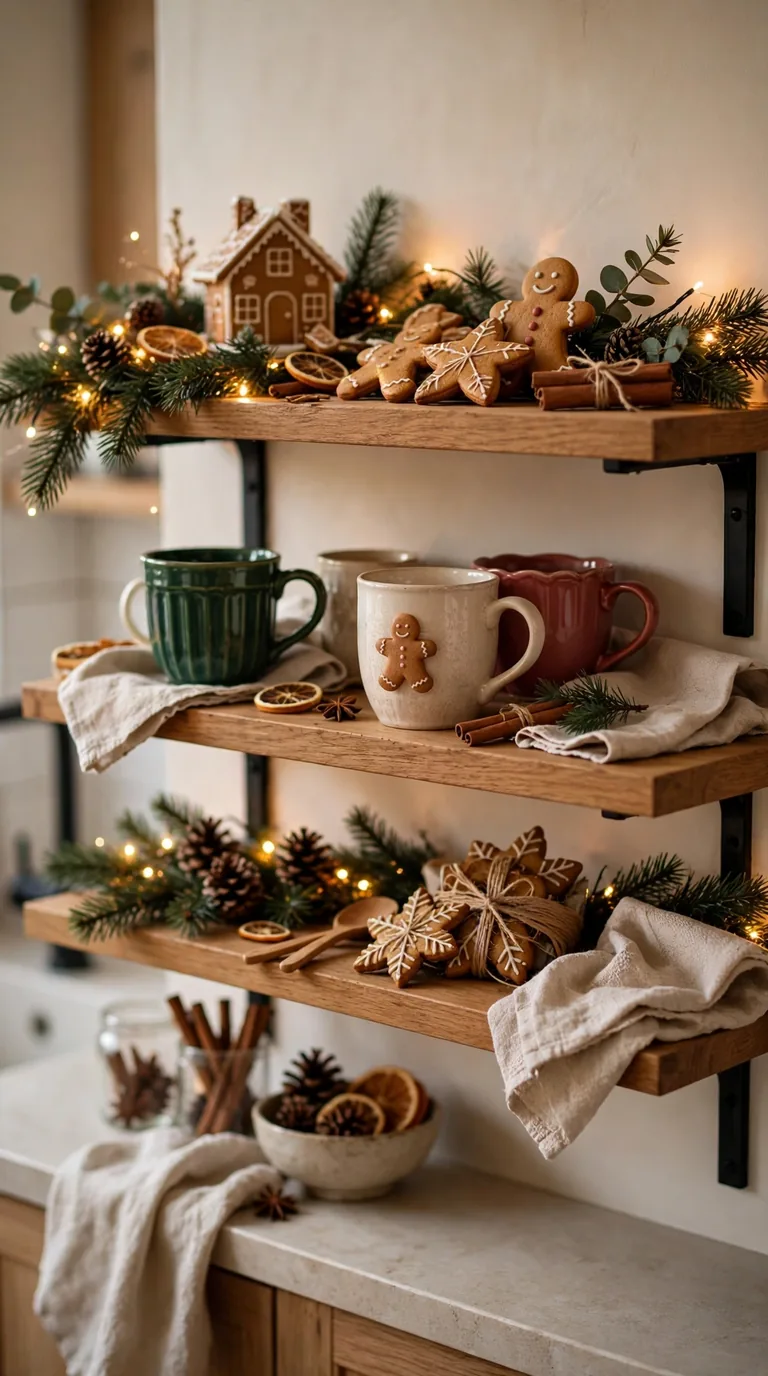 Kitchen Christmas shelf with festive mugs, gingerbread decorations, pine garland and warm lights