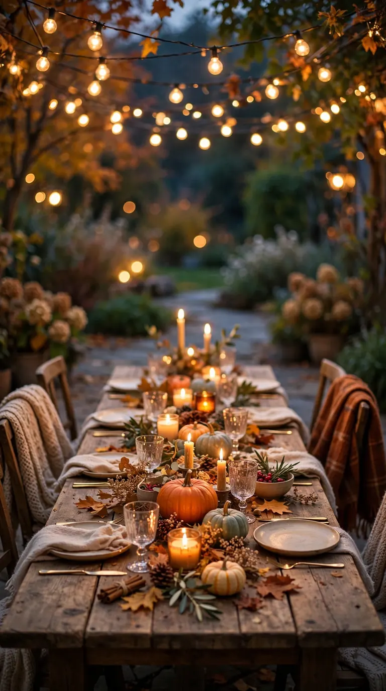 Outdoor Thanksgiving dinner table at dusk with string lights, pumpkins and candles