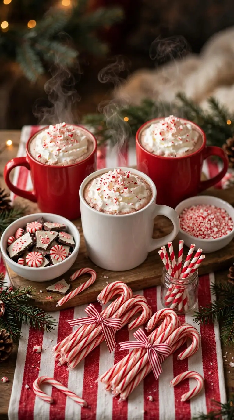 15 Christmas Hot Cocoa Bar Ideas for Cosy Gatherings Peppermint twist Christmas hot cocoa bar in red and white with crushed candy canes and striped mugs