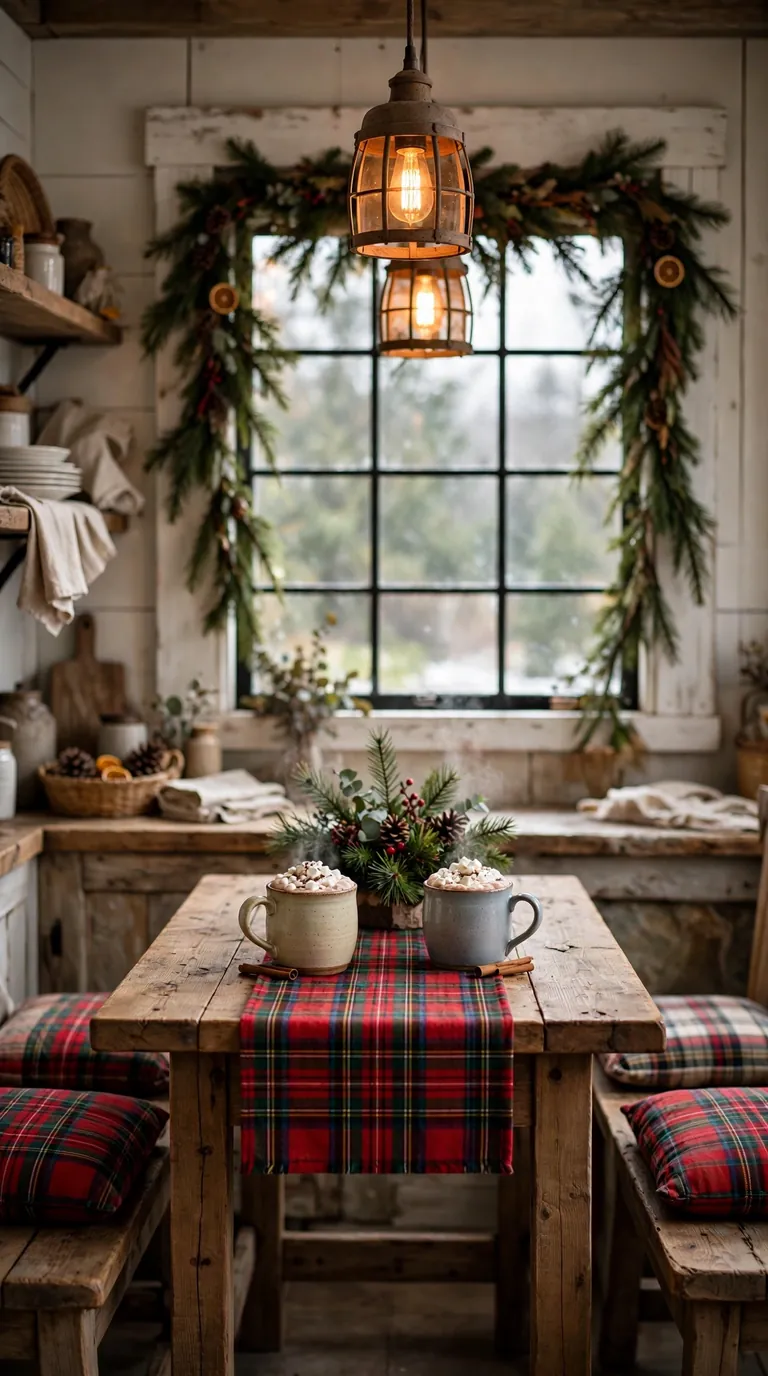 Farmhouse kitchen nook with a tartan table runner and mugs of cocoa