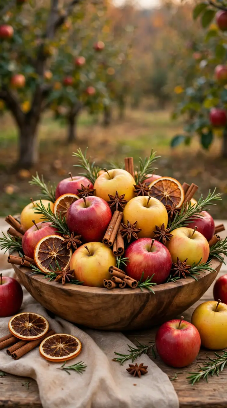 Apple and cinnamon orchard Thanksgiving centerpiece with red apples and spices