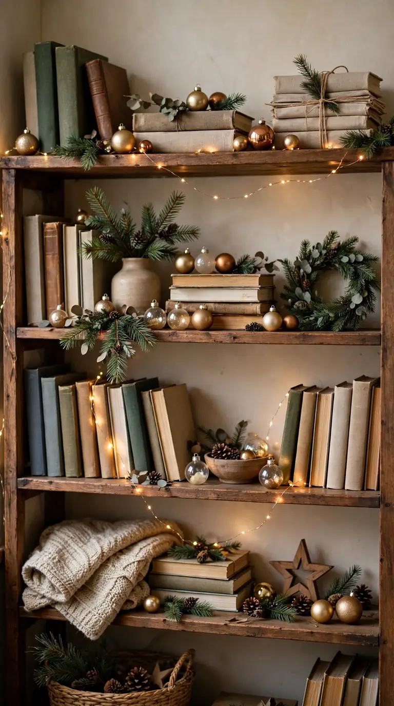 Bookshelf styled for Christmas with books, small baubles, pine sprigs and warm fairy lights