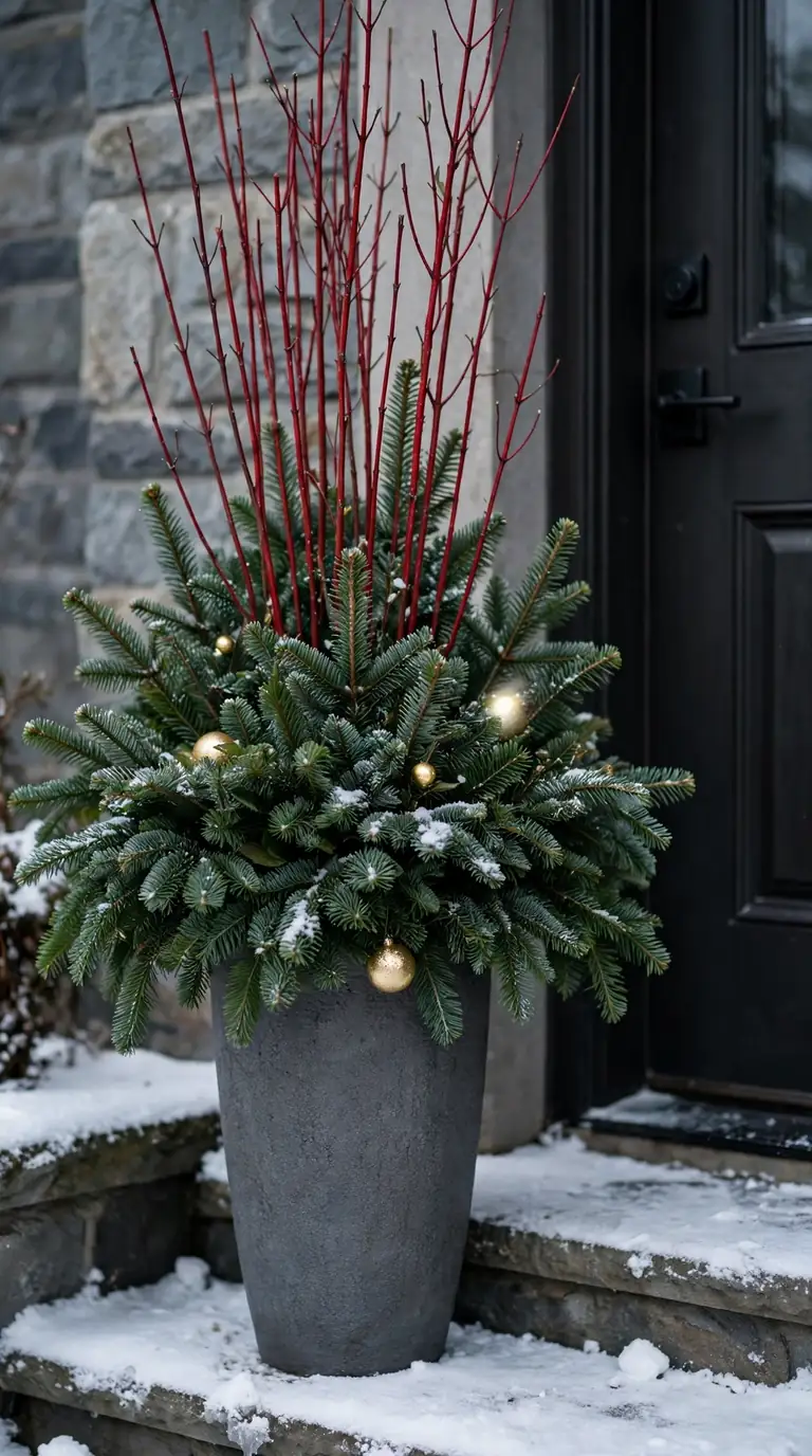 Christmas planter with dramatic red twig dogwood stems rising from dense evergreen boughs