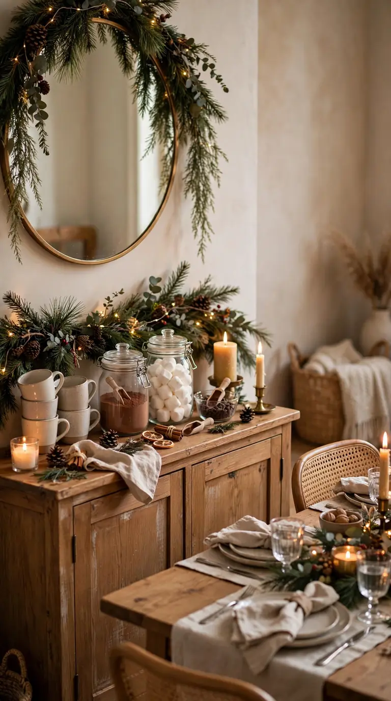 15 Christmas Dining Room Decor Ideas for Festive Gatherings Christmas sideboard styled as a hot cocoa station with garland and candles