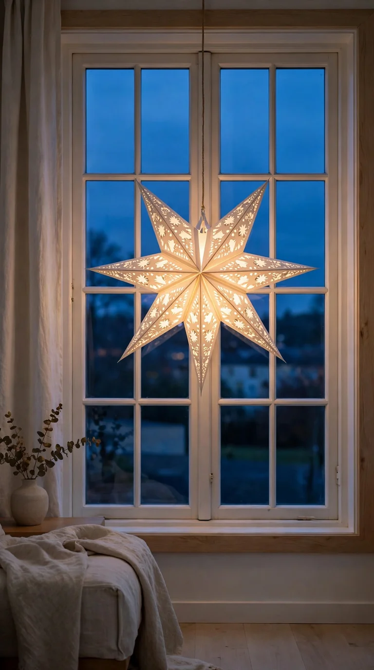 Glowing Scandinavian paper star lantern hanging in the center of a window at dusk