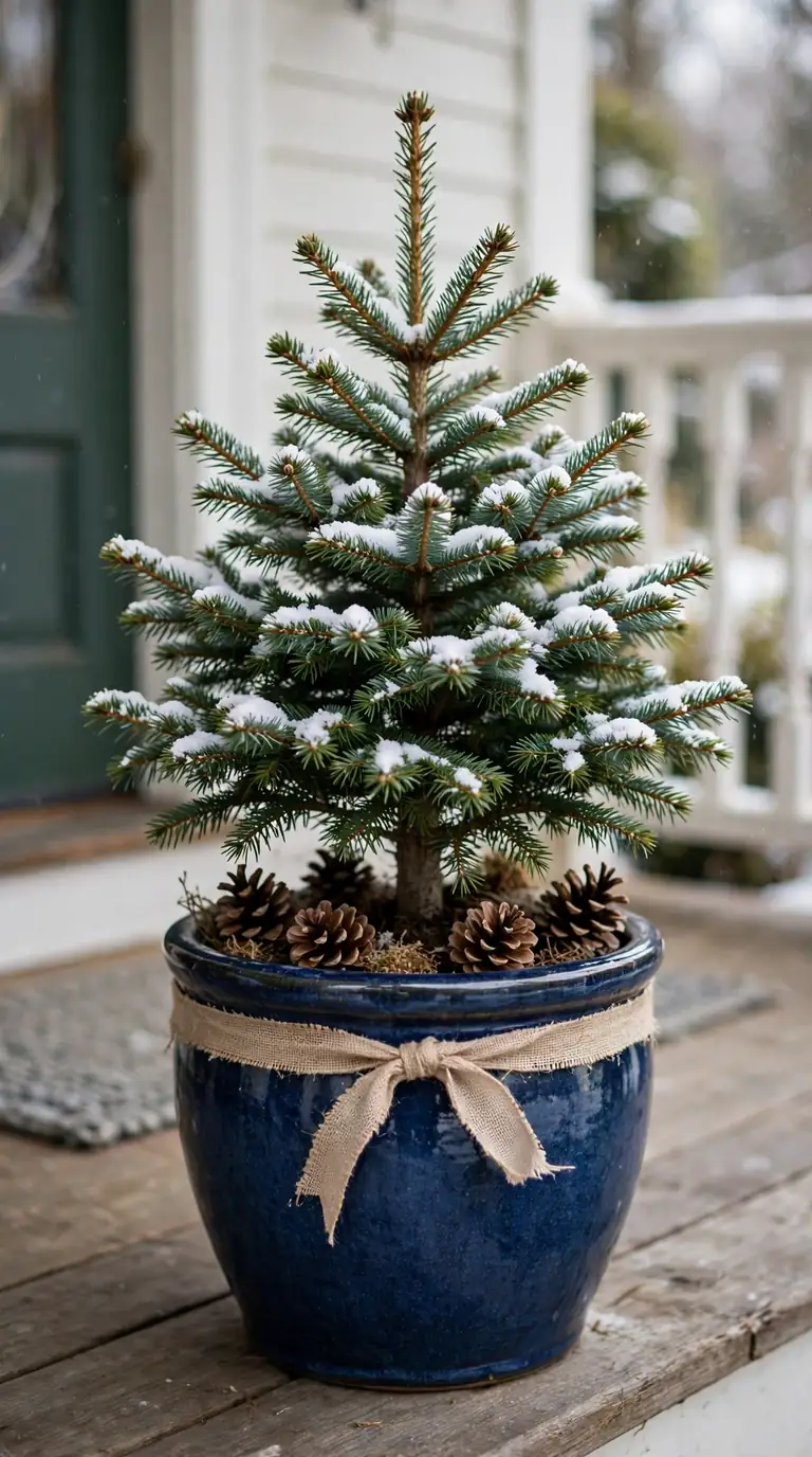 Small dwarf spruce tree in a blue ceramic pot as a simple winter evergreen planter