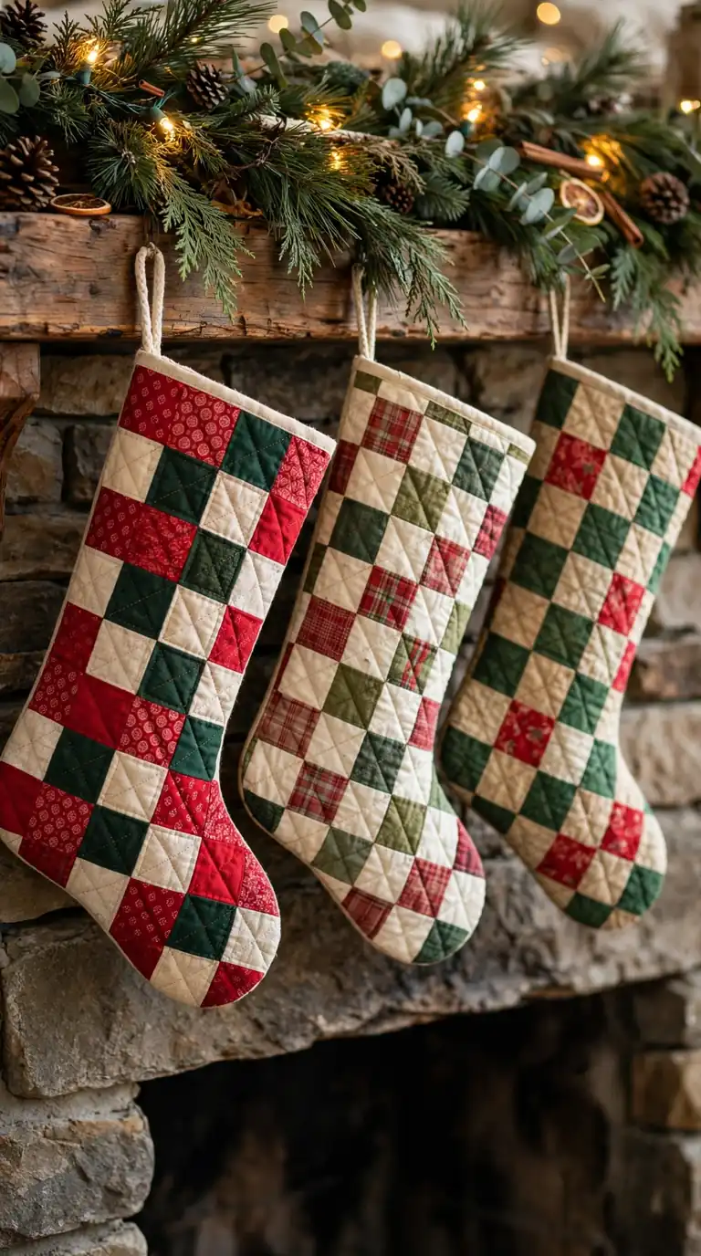 Colorful patchwork quilted Christmas stockings handmade from leftover fabric hanging on a mantel