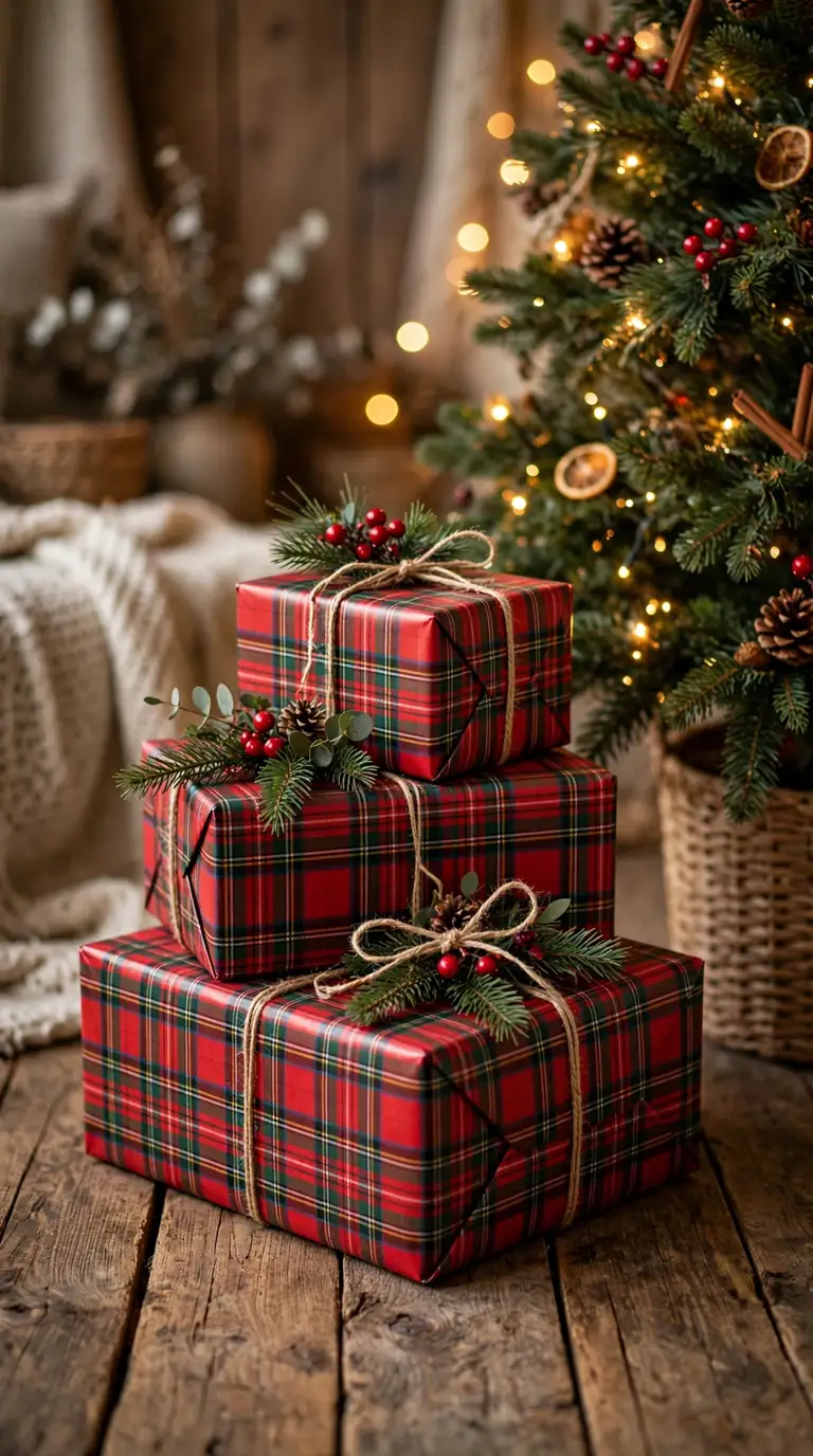 Christmas gifts wrapped in tartan paper with twine and evergreen sprigs
