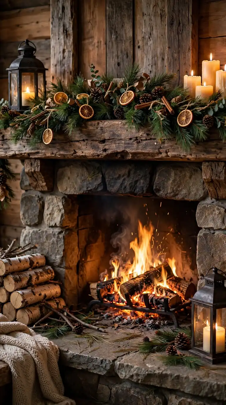 Stone fireplace decorated for christmas in lodge style