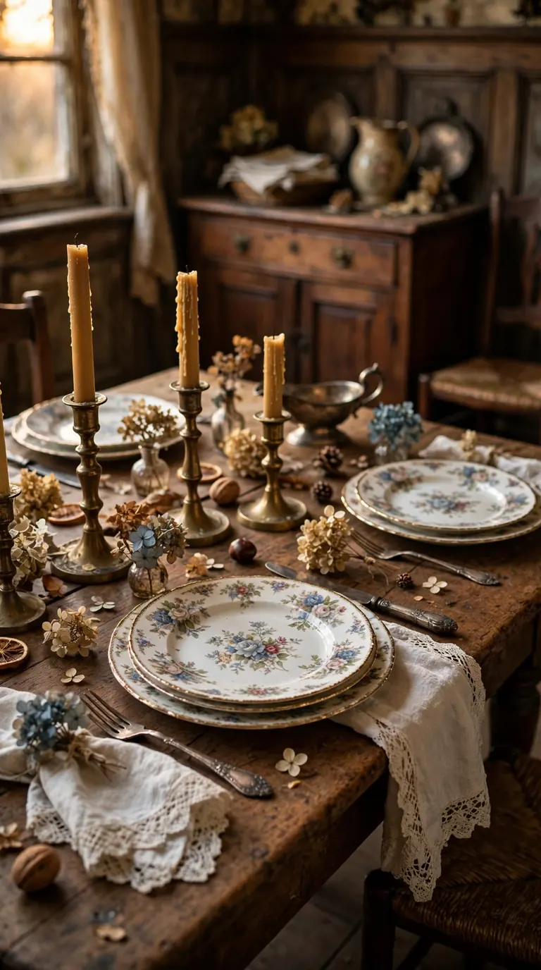 Nostalgic Thanksgiving table with vintage brass candlesticks and heirloom floral china