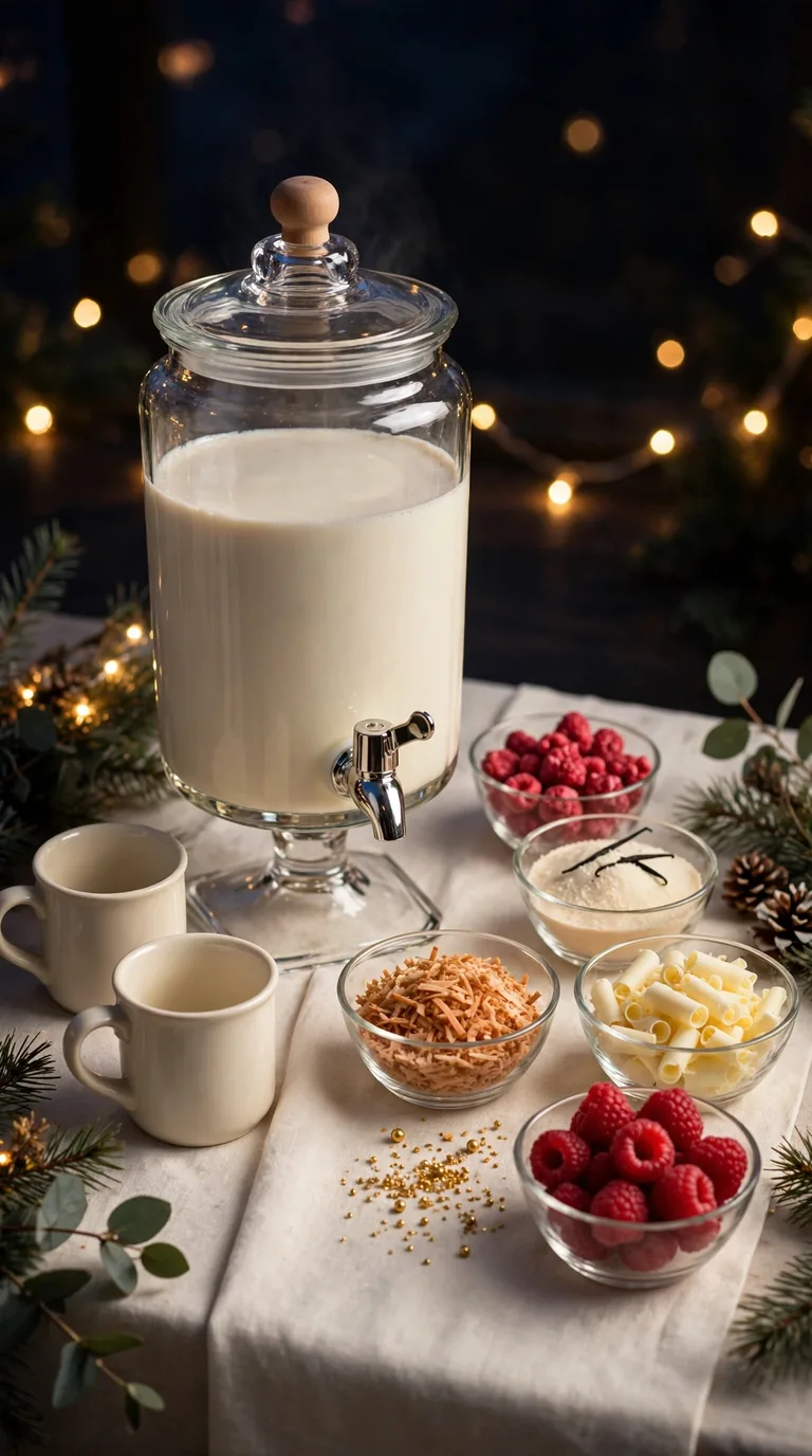 15 Christmas Hot Cocoa Bar Ideas for Cosy Gatherings Elegant white chocolate Christmas cocoa bar with ivory mugs, raspberries and gold accents
