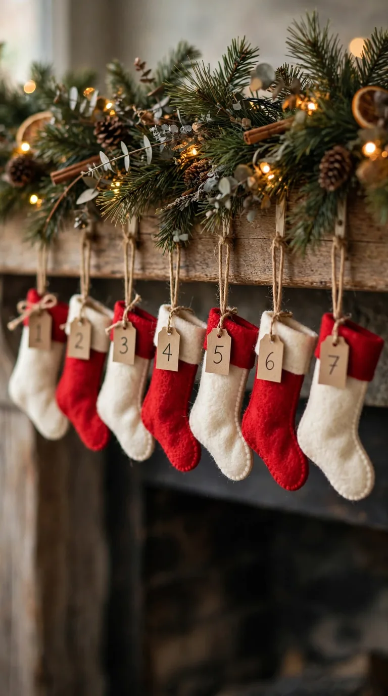 Advent countdown Christmas stockings with numbered tags hanging in a row on a fireplace mantel