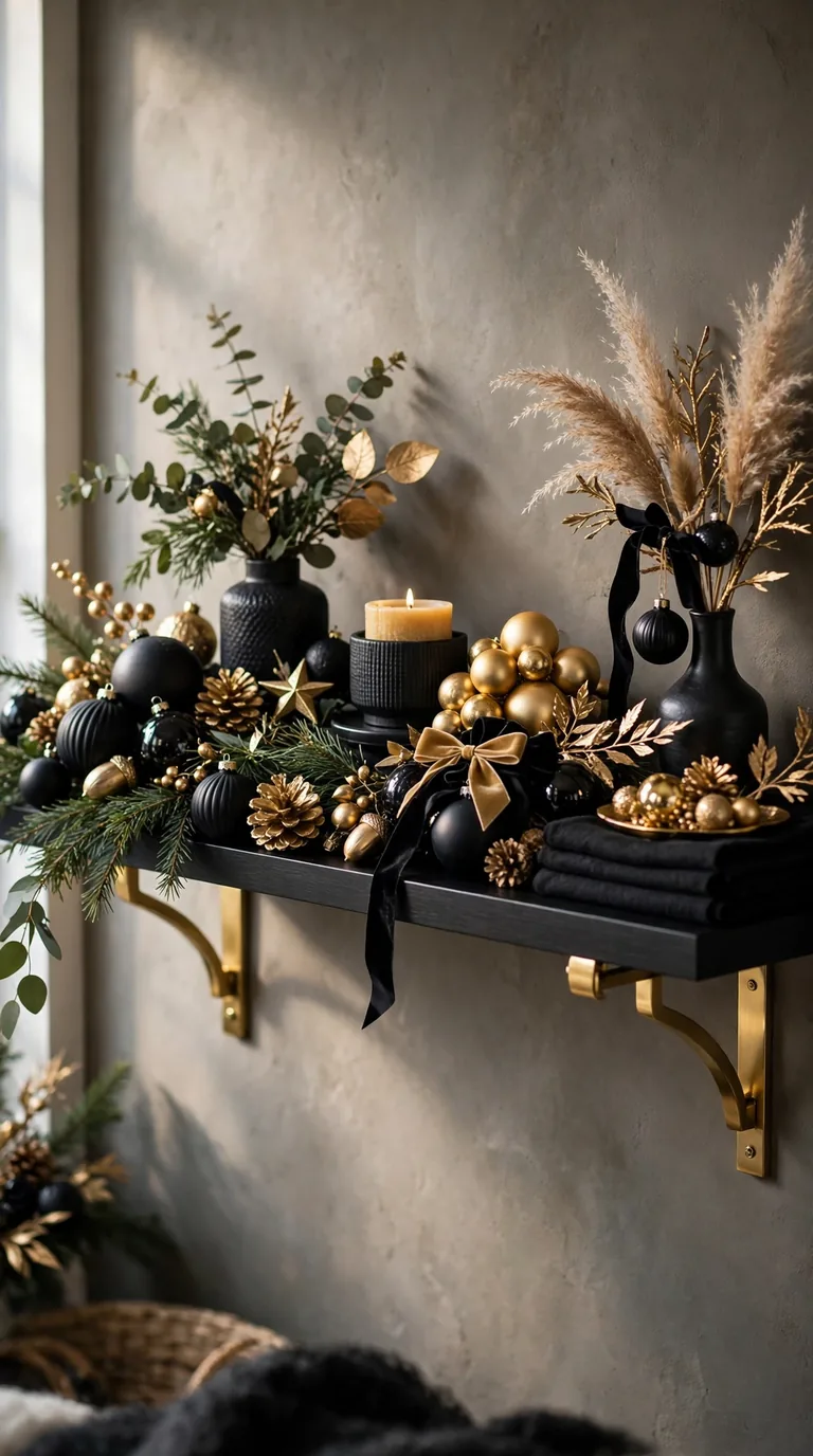 Modern glam black and gold Christmas shelf decor with black ornaments and gold accents