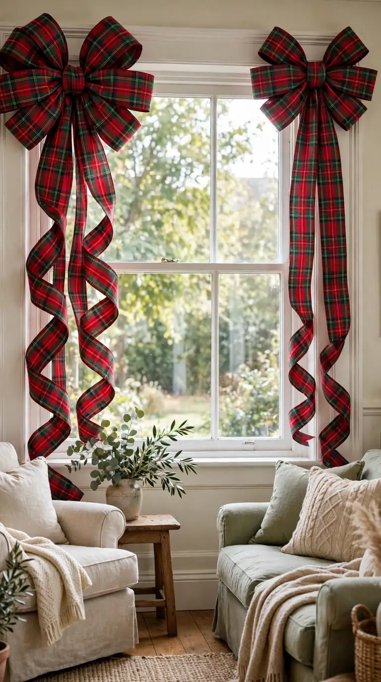 Red plaid ribbon bows tied at the top corners of a white-trimmed window