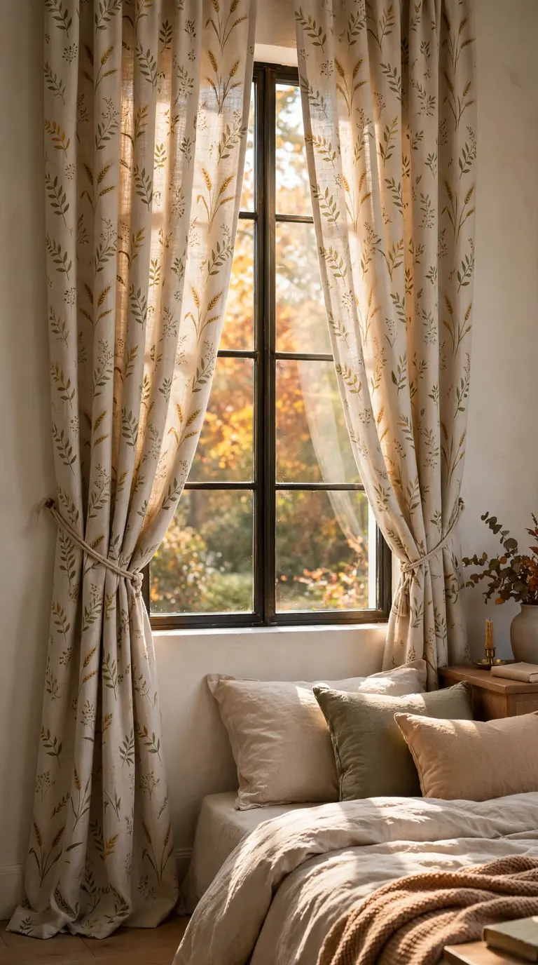 Linen curtain panels with a muted harvest leaf print glowing in warm sunlight
