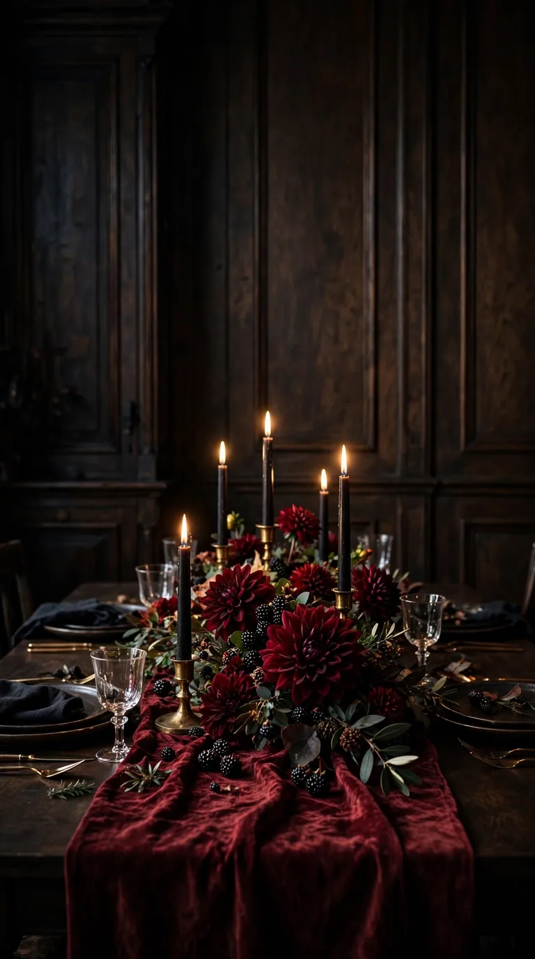 Moody burgundy Thanksgiving table with black taper candles and dark red dahlias