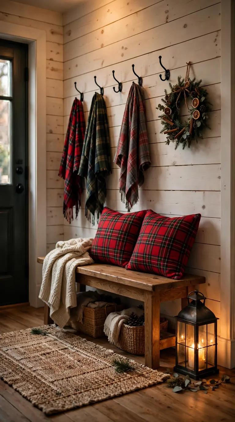 Christmas entryway with a wooden bench, tartan cushions and plaid scarves