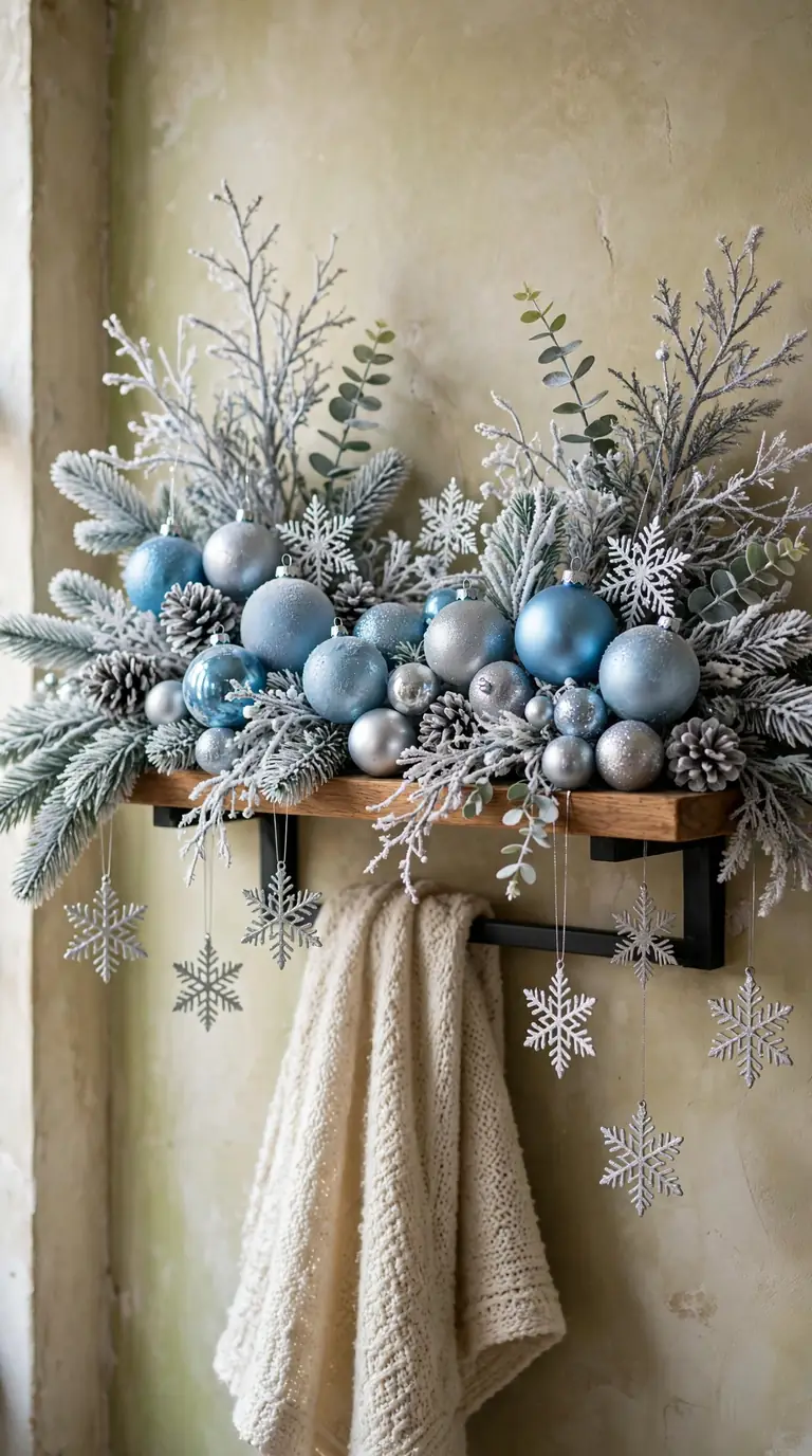 Blue and silver frosty Christmas shelf decor with icy blue baubles, silver snowflakes and frosted branches