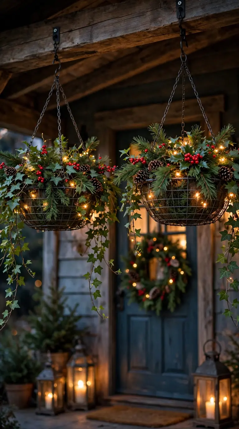 Hanging basket Christmas planters with trailing ivy, evergreen sprigs, red berries and fairy lights on a porch