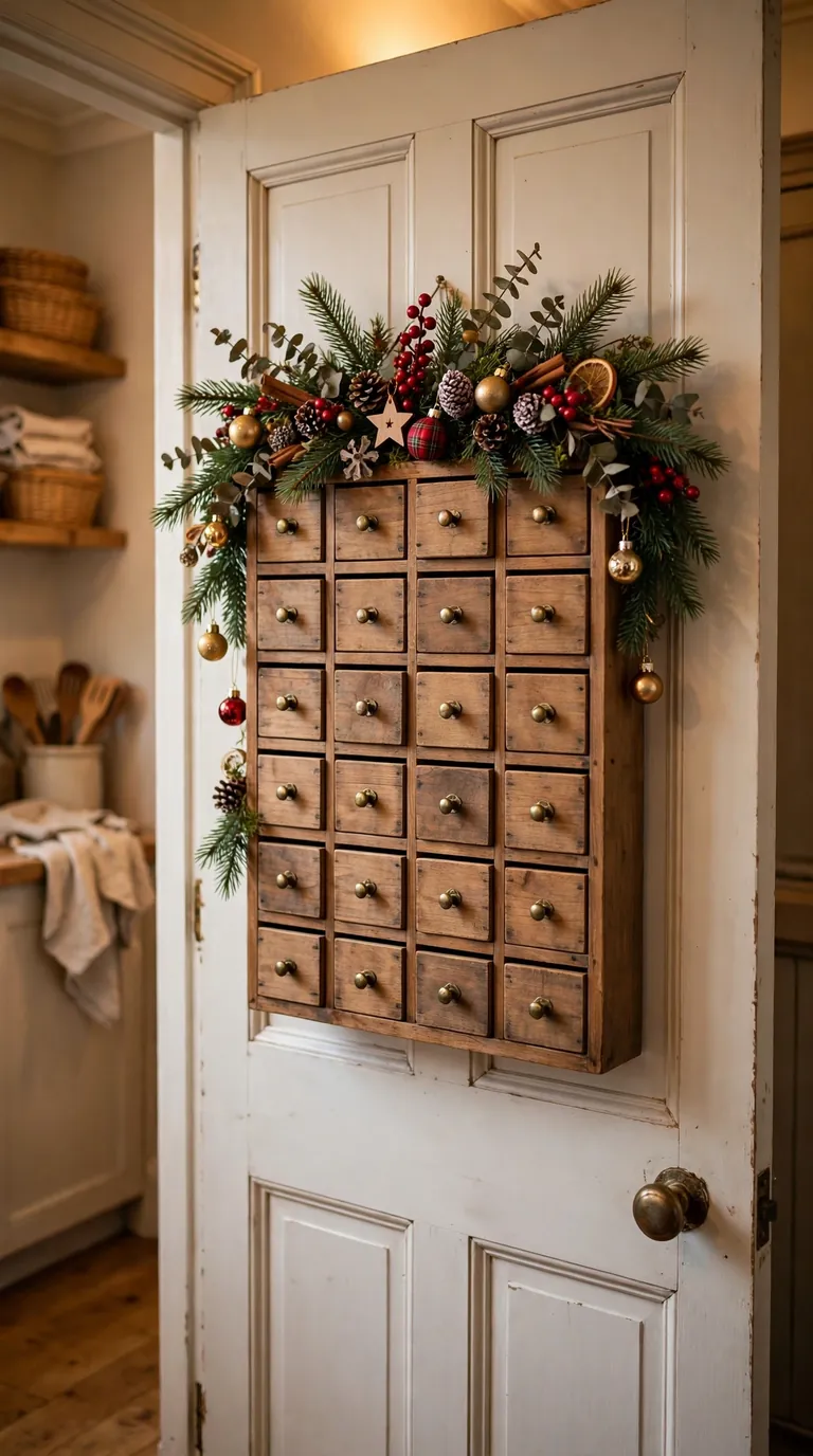 Wooden advent calendar hanging on a kitchen pantry door